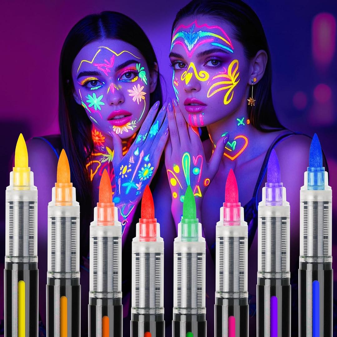 ThEast 8 UV Neon Face Paint Pens, Glow in The Dark Under UV Light Body Painting Kit, Tattoo Markers for Skin Washable, Face Makeup for Party Favors