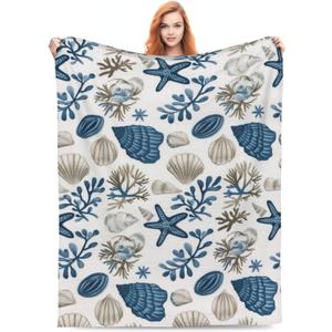 Coastal Ocean Beach Blanket Gifts for Girls Boys Kids Adults Soft Warm Lightweight Cozy Nautical Coral Seashells Throw Blankets for Bed Sofa Living Room Couch Home Decor 50"x60"