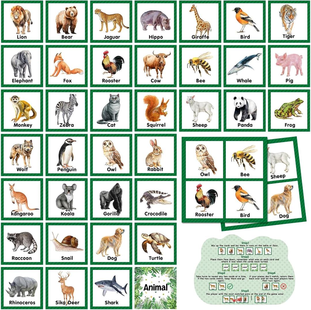 Fuutreo 82 Pcs Memory Matching Cards Animals Educational Games Funny Animals Learning Game Concentration Cards for Family Birthday Party Favors Gifts Supplies