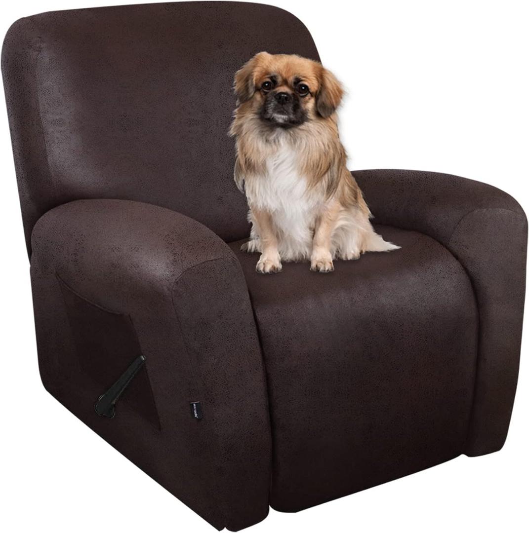 Recliner Chair Covers Leather Like, 4 Pieces Lazy Boy Recliner Cover for Recliner Chair, Soft Sofa Slipcover Furniture Protector Washable Sofa Cover for Pets Kids (Chocolate) (1 Seater)