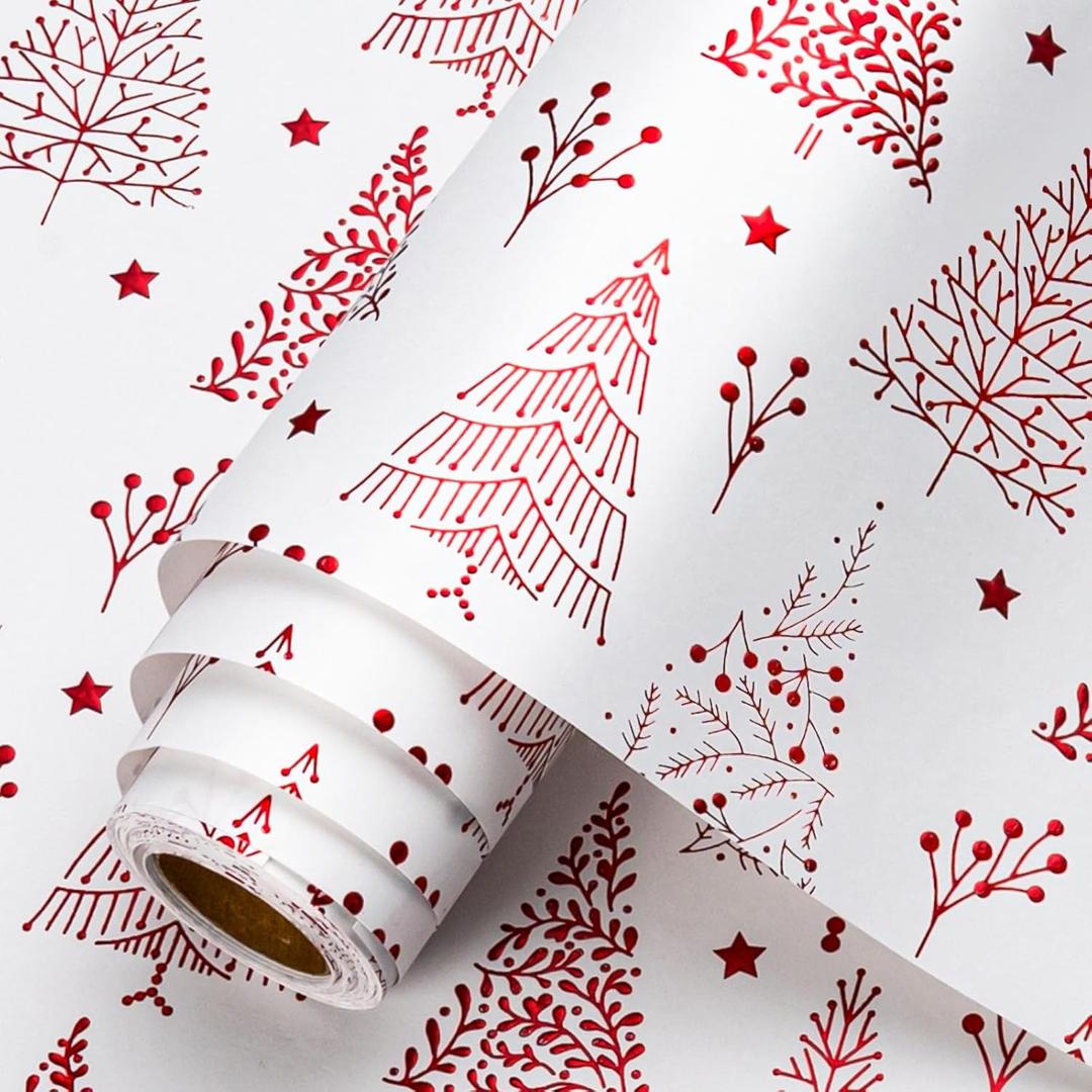 Homeral Christmas Wrapping Paper Roll - 3D Embossed Snowflakes, Trees and Stars with Red Foil Metallic Shine Gift Wrap for Christmas, New Year Celebration, Holiday - Mini Roll - 17 Inch x 33 Feet (17in*32.8ft(46.8sqft))