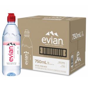 evian Natural Spring Water, 750 ml (25.36 fluid ounce) Water Bottle with Sports Cap, 12 Pack 09/11/2026