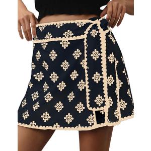 Wrap Skirt for Women Casual Mini Skirt Knot Side Elastic Waist Bodycon Flowy Print Shorts (X-Large, Black)