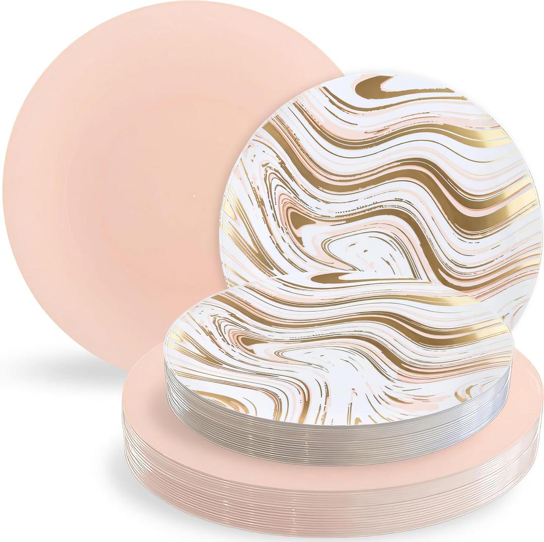 Blue Sky Curve Dinnerware White, Gold & Pink Eleganza Set - 32 Count | Disposable Plastic Plate Set with 16 Lunch Plates 7.5" & 16 Dinner Plates 10"