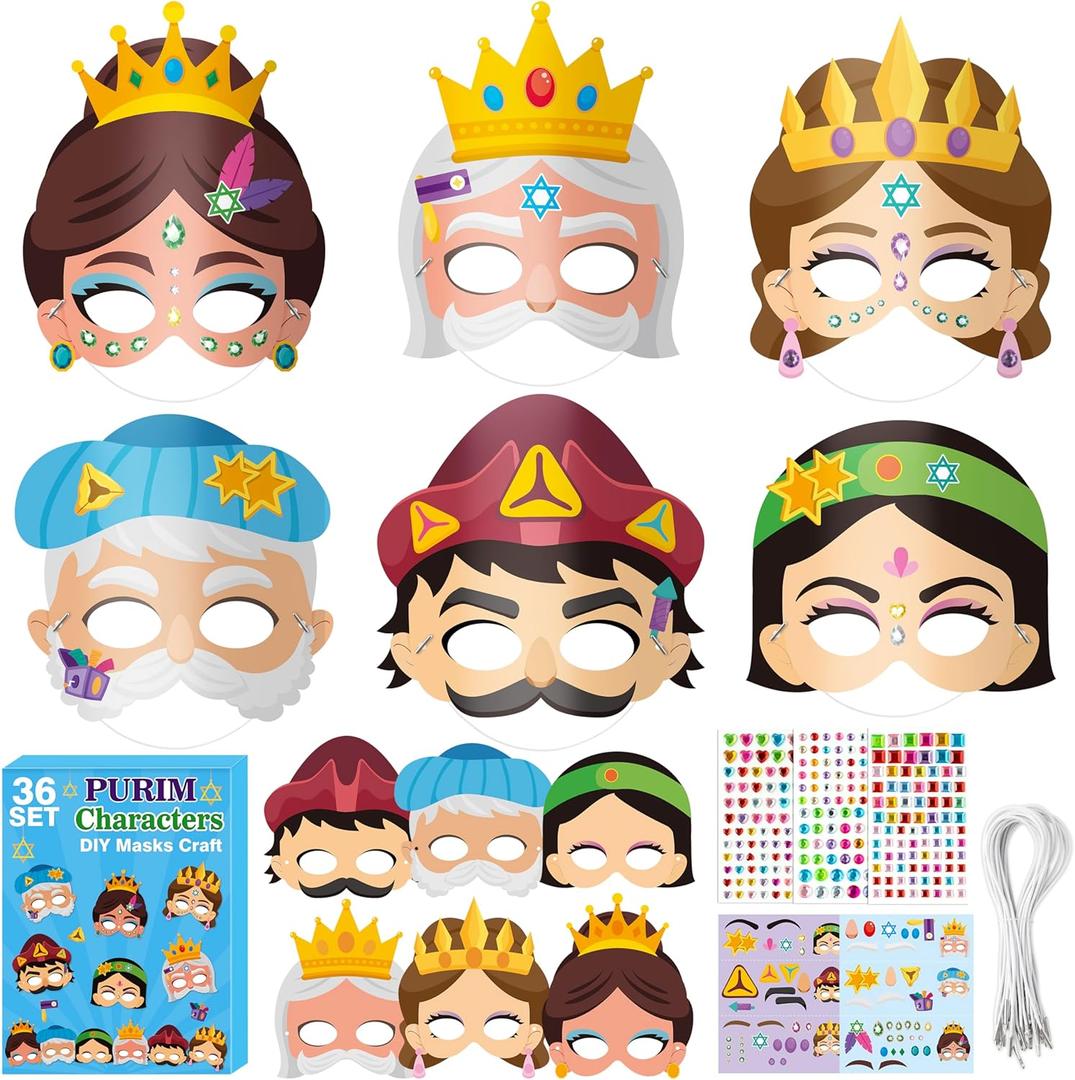WATINC 36Pcs Purim Day DIY Mask Craft Kits, Make Your Own Holiday Purim Story Character Masks for Kids, Jewish Party Costume Gifts School Home Role Play Cosplay Activities Favors Supplies Decorations