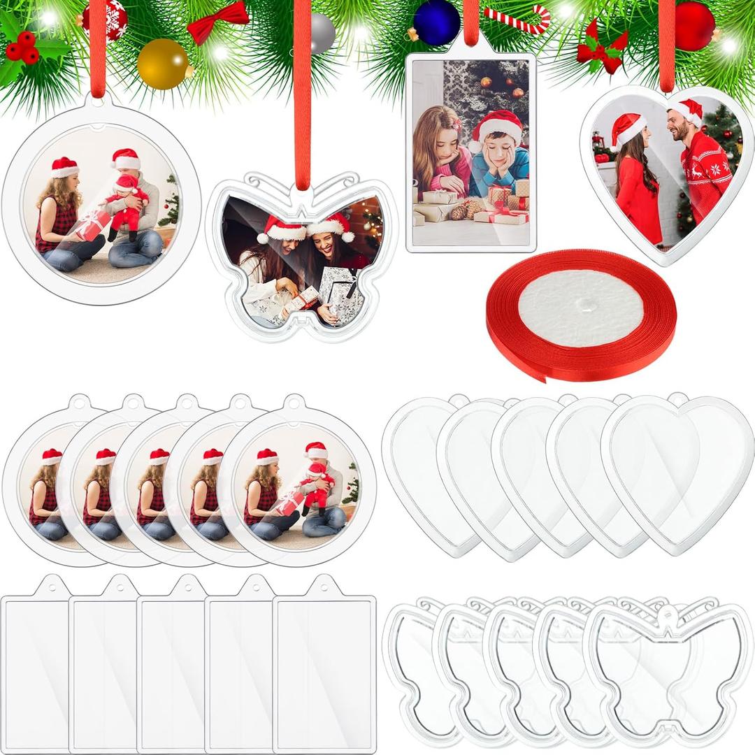 48 Pcs DIY Christmas Picture Frame Ornaments with Red Ribbon, Acrylic Xmas Tree Photo Frame Bulk, Hanging Photo Christmas Ornaments, Plastic Ornament Tree Decor (Round,Square,Heart,Butterfly)