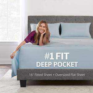 Deep Pocket Queen Bed Sheets  4-Piece Includes: Real 16 Inch Extra Deep Pocket Fitted Sheet [Best-Fit for 14-18 Mattress]  Oversize Flat Sheet  1 Zipper Closure Pillowcase  Light Baby Blue