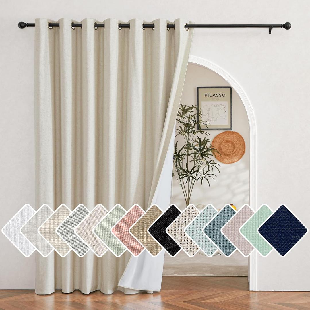 NICETOWN 100% Blackout Curtain for Sliding Glass Door, 100"x84" Sliding Door Curtain with Linen Look, Completely Blackout Thermal Insulated Drape for Patio, Living Room (Natural, 1 Panel, 100" Width)