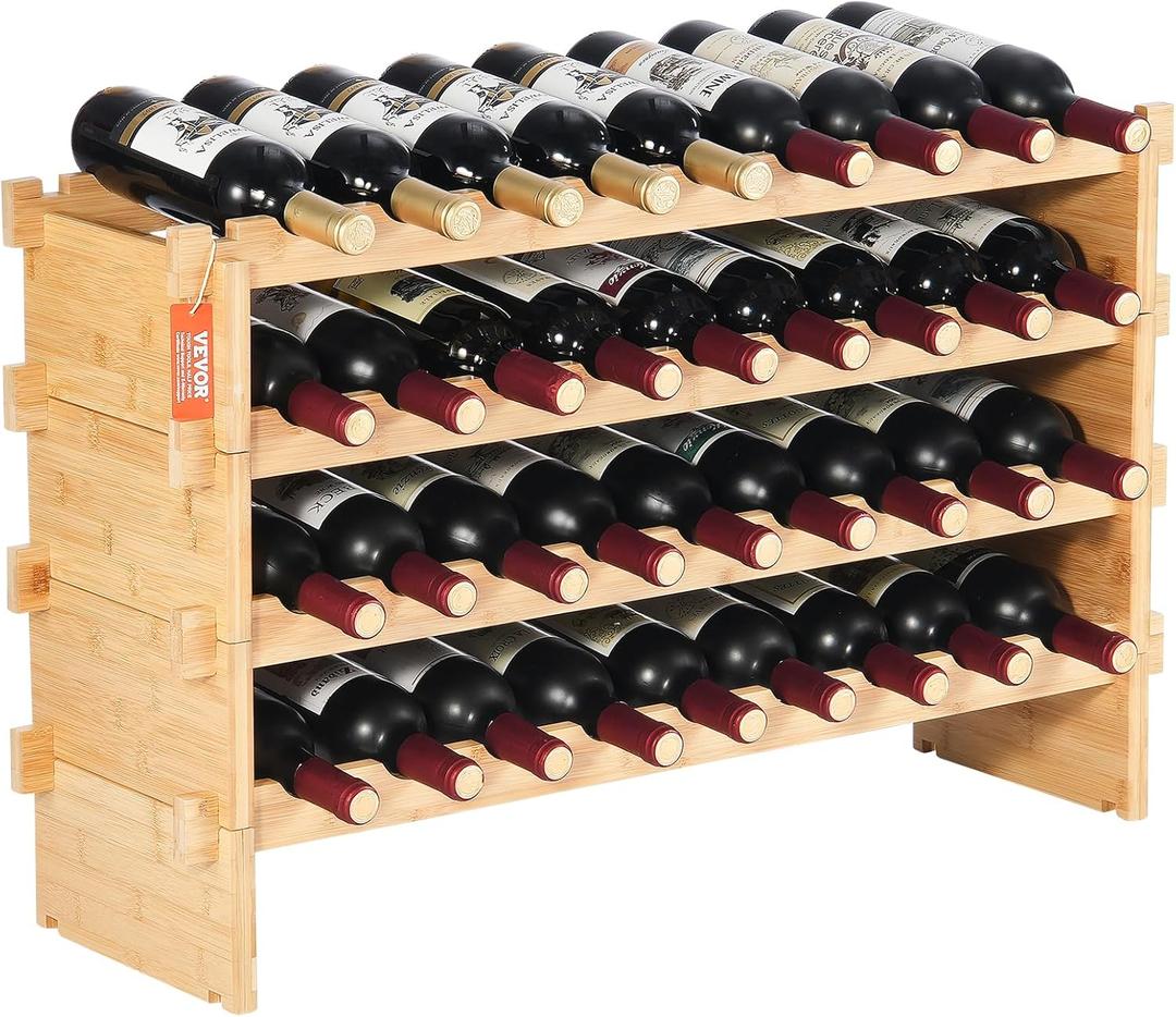 VEVOR 36 Bottle Stackable Modular Rack, 4-Tier Solid Bamboo Wood Storage Racks, Floor Freestanding Wines Holder Display Shelf, Wobble-Free Shelves for Kitchen, Bar, and Cellar (Natural Color) (Original Wooden Colour)