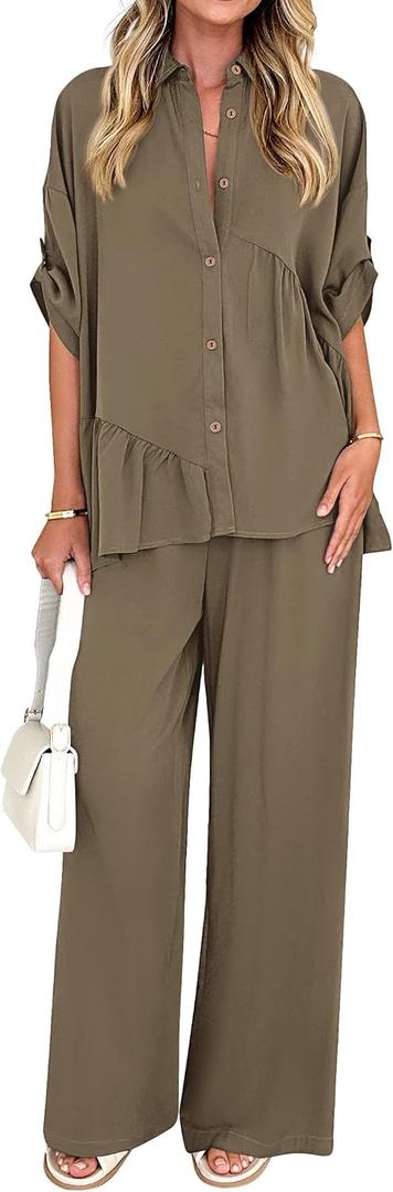 KIRUNDO Two Piece Sets for Women Spring Outfits 2026 Summer Fall Dressy Casual Button Down Shirt Wide Leg Pants Lounge Set, XL, Khaki