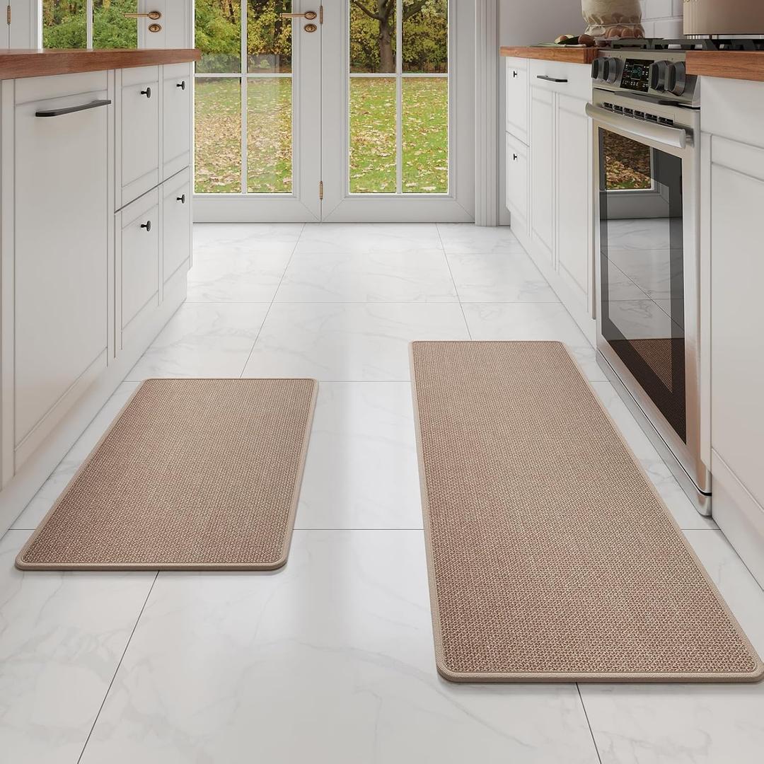 YDKGL Kitchen mats for Floor Water and Oil Absorbent Runner Rugs for Kitchen, Kitchen Mat in Front of Sink,Non-Slip Kitchen Rugs,Durable Imitation Linen Kitchen Rug Brown 17x30+17x47