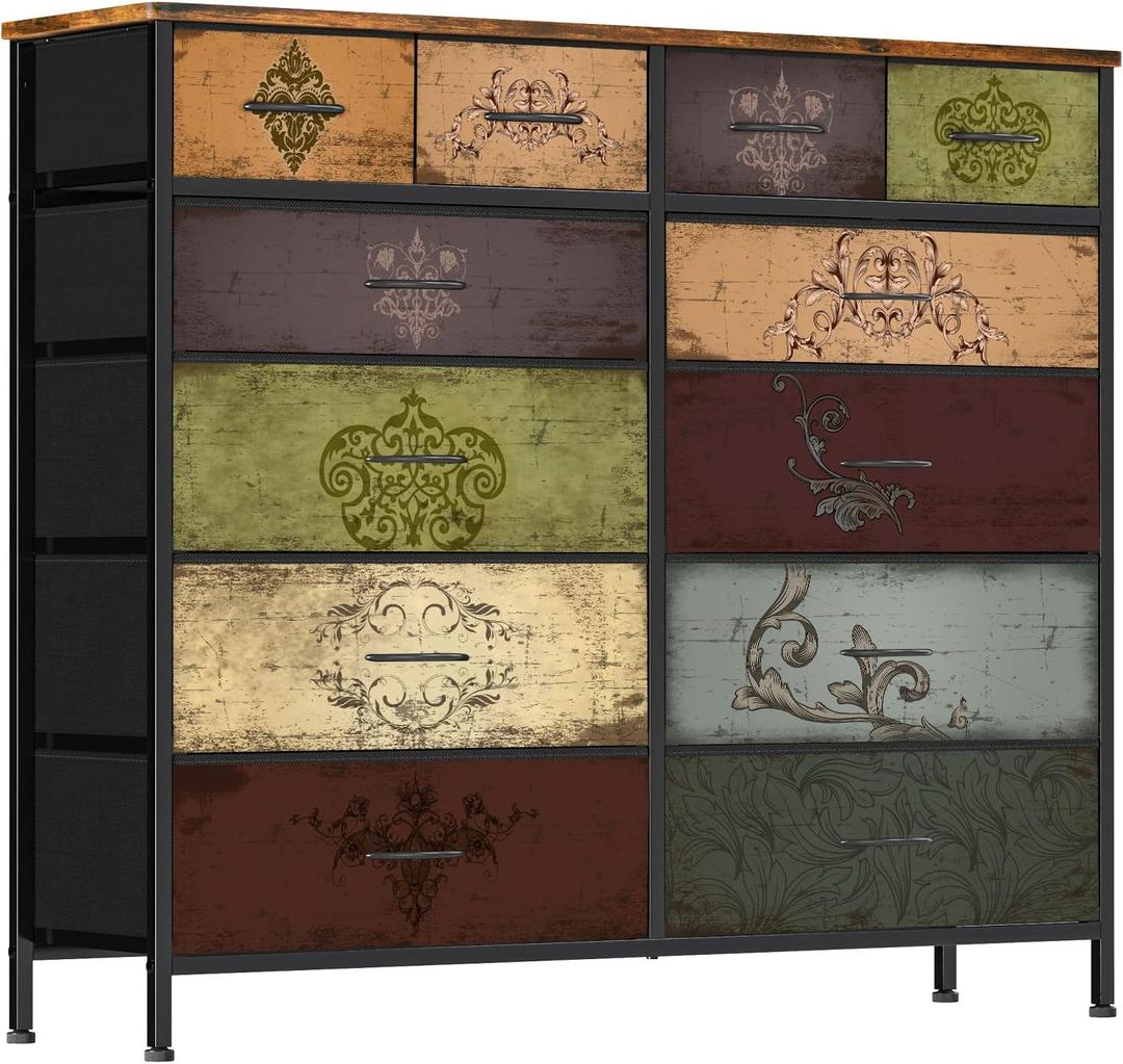 VASICAR Dresser for Bedroom with 12 Drawers, Tall Fabric Drawer Dresser, Chest of Drawers for Closet, Nursery, Bedside, Living Room, Entryway, Hallway (Pattern), 11.8"D x 43.3"W x 37.8"H