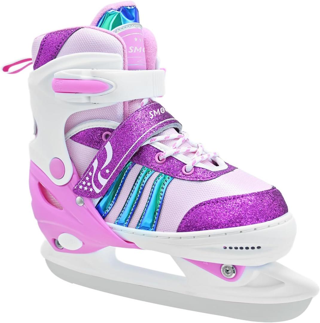 SMOOJOY Girls Ice Skates Adjustable, Smooth Blade Iceskates Age 5-8, Comfortable Lining Ice Skating Shoes for Kids Youth Beginner, Perfect for Outdoor and Indoor Rink