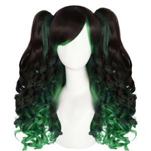 Anogol Hair Cap+Dark Green Lolita Wig Women Green Mixed Black Cosplay Wig with Curly Ponytails Dark Greenish Black Ponytails with Bangs Anime Outfit for Halloween Christmas Party St. Patrick's Day Wig