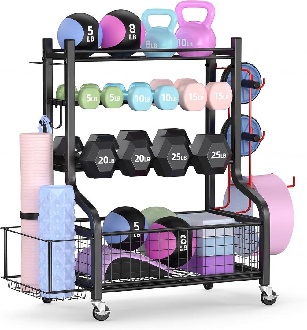 PLKOW Dumbbell Rack, Weight Rack for Dumbbells, Home Gym Storage for Dumbbells Kettlebells Yoga Mat and Balls, All in One Workout Storage with Wheels and Hooks, Powder Coated Finish Steel