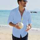Alimens & Gentle Mens Cotton Linen Textured Shirt Long Sleeve Button Down Shirts Casual Summer Beach Wedding Tops with Pocket (Blue), L