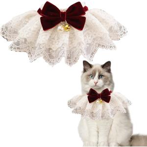 HEEPDD Cat Lace Bib Collar with Bow, Decorative Pet Bandana Scarf Costume, Small Size, Dress Up Accessories (Wine Red)