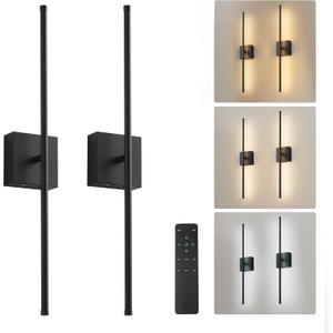 KARTOOSH Removable Battery Operated Wall Sconces with Remote Control, Step less Colors 3000K-6000K & Dimming, 350Rotate, LED Black Wireless Wall Light for Living Room, Bedroom, 32.2 Inch (2 Pack)