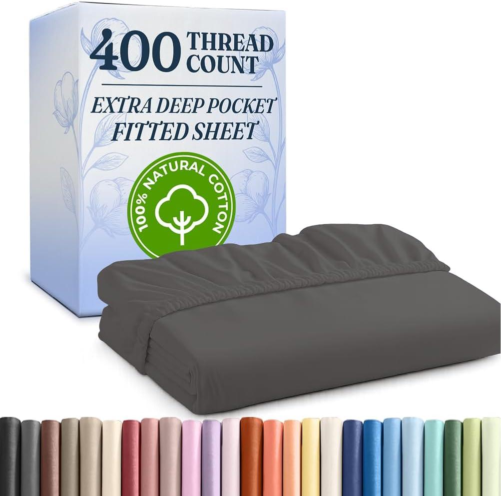 Full 400 Thread Count Cotton Fitted Sheet - Hotel Quality 100% Cotton - Soft & Wrinkle Free - Deep Pockets - Fits Mattress Perfectly with No Pop-Off Elastic - One Fitted Bottom Sheet Only - Dark Grey