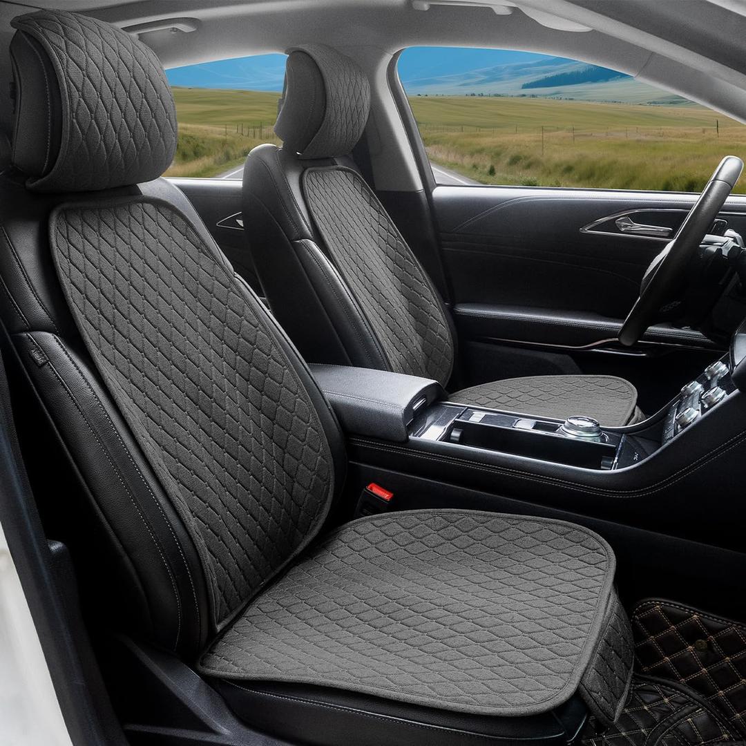 2 Pack Linen Front Car Seat Covers for Cars, Breathable Linen Car Seat Protector Fit Four Seasons, Non-Slip Car Seat Pad for Most Vehicles (2Pack Dark Grey)