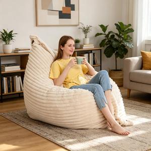 Pillow BeanBag Large Bean Bag Chair-Unique Peapod Bean Bag Sofa Design for Relaxing,Convertible Flat Bean Bags Cushion for Overnight Guests, Premium Lounge Chair-Cover-Stripe Fur-Beige, Cover 74.8*55.12''