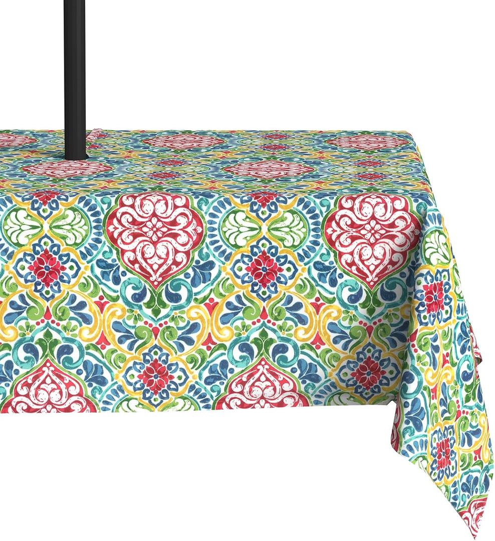 LVTXIII Rectangle Outdoor Tablecloth with Umbrella Hole and Zipper, Water-Repellent 60 x 84 Inch Patio Table Cover for Picnic, Garden, Backyard Dining, Damask Red