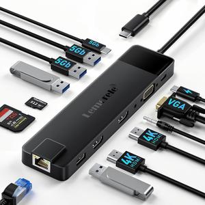 Lemorele 13 in 1 USB C Docking Station for Triple Monitors, Dual 4K HDMI, 1000M RJ45, VGA, 4 USB 3.0/2.0, SD/TF, 3.5MM Audio, USB C 3.0, 100W PD, Compatible with Type C Laptop, Black