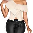 OYOANGLE Women's Off The Shoulder Tops Going Out Summer Trendy T Shirts Button Asymmetrical Split Hem Dressy Blouses, XL