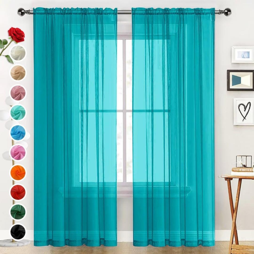 SpaceDresser Sheer Voile Window Treatment Rod Pocket Curtain Panels for Kitchen Bedroom Living Room Drapes Sunlight Filtering Privacy Semi Home Decor Assorted (Peacock Blue, 52 W x 63 L)