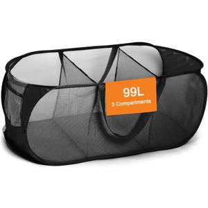 Foldable Laundry Baskets, Collapsible Mesh Laundry Hamper, Durable Pop Up Laundry Basket, 3 Compartments Clothes Hampers for Laundry, Easy to Carry & Sort for Dorm, Home, Kids Room, Travel Black