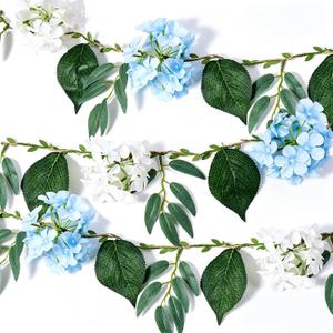 2 Pack Flower Garland, 6.6 FT Artificial Floral Vine with Burlap Rope, White and Blue Hanging Flower Garland for Blue Party, Baby Shower, Wedding, Bridal Shower, Wall Backdrop