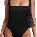 REORIA Butsmooth Womens Sexy Sleeveless Square Neck Double Lined Basic Bodysuit Tank Tops (Black Fringe), Medium