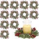 Scawim 12 Pcs Candle Rings, 3.7 Inch Artificial Candle Rings Wreath Cedar Berries Snowy Pine Needles, Candles Rings Holder for Table Centerpiece Spring Home Party Kitchen Window
