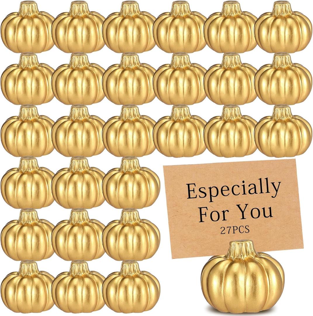 Barydat 27 Pcs Fall Table Decor Mini Gold Pumpkin Place Card Holder Pumpkin Name Card Holder Table Number Holders for Thanksgiving Decor Fall Themed Wedding Bridal Brunches Party Decoration