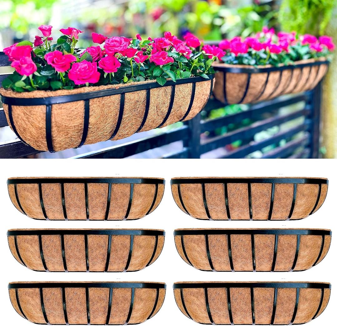 LaLaGreen Deck Railing Planter Boxes for Plants (24 Inch, 6 Pack) Metal Wall Planters for Outdoor Plants, Black Window Flower Boxes Deck Railings with Coco Liner Fence Balcony Patio Porch Over Rail
