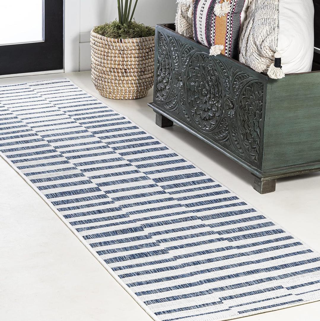 JONATHAN Y Offset Stripe Indoor Outdoor Runner Rug 2X8 Ivory/Blue, Sukie Modern for Backyard, Patio, Porch, Easy-Cleaning, High Traffic, Pet-Friendly, Non-Shedding (SMB133C-28)