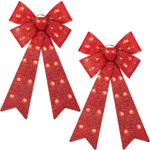 ANVAVO 2 Pieces LED Christmas Tree Topper Bow - 24"x12" Large Prelit Xmas Decorations With Lights - Battery Powered for Wreath Garland, Red