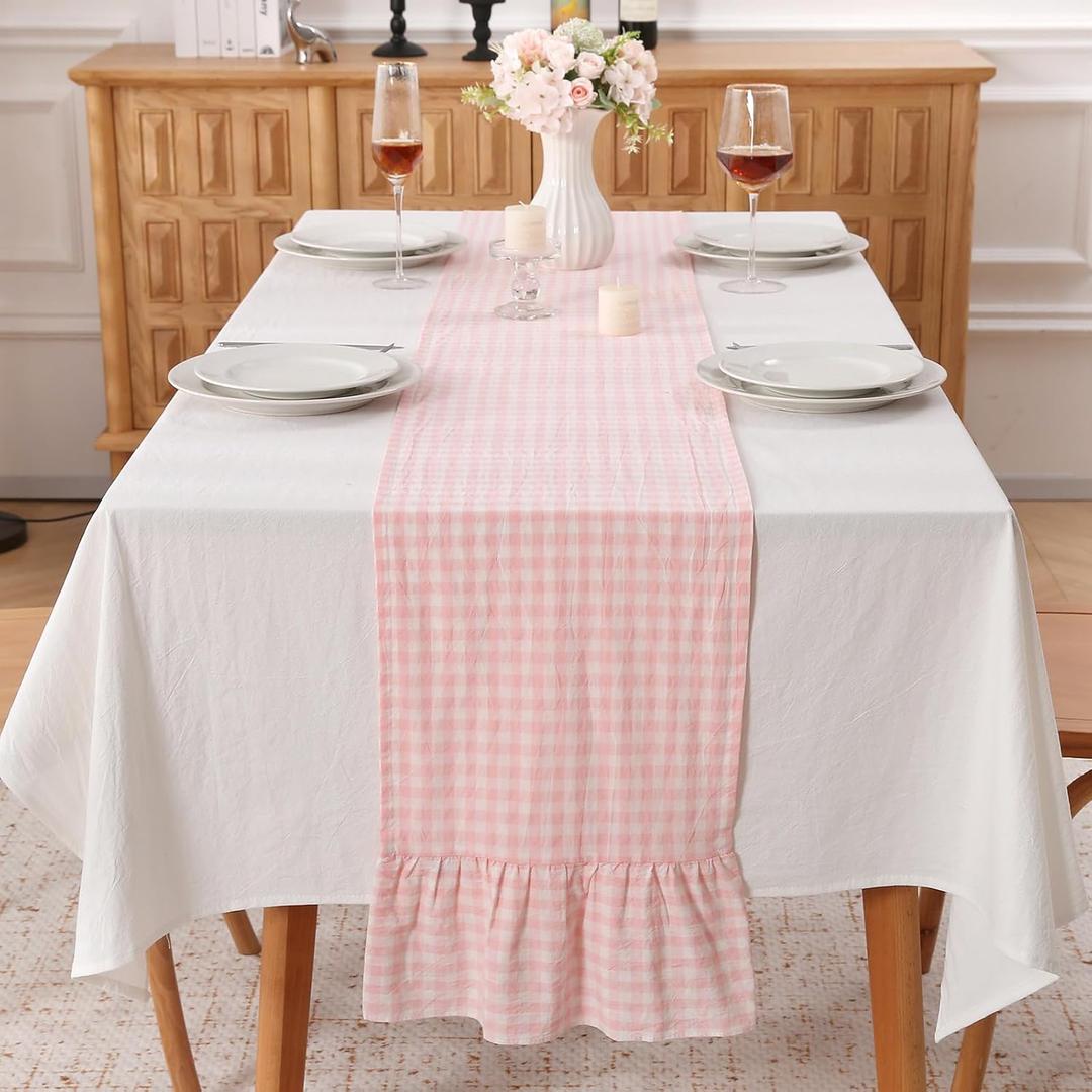 Peachy Blush White Plaid Gingham Ruffle Table Runner 90 inches Long 100% Washed Cotton Decorative Farmhouse Cabinet Cover (Blush, 90"x13")