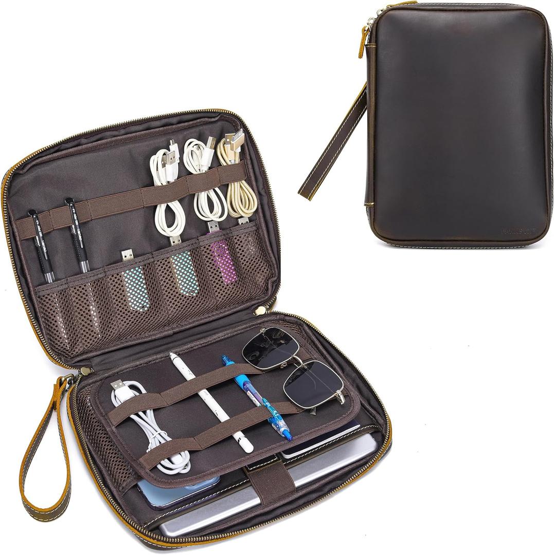 LANNSYNE Full Grain Leather Electronic Organizer Accessory Travel Tech Pouch, Cable Accessories Bag, Storage Carry Case for Charger, Phone, Power Bank, Cables, Cable