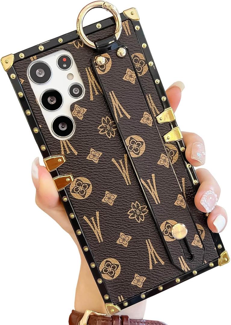 Elegant Retro Compatible with Samsung Galaxy Faux Leather Case with Adjustable Wristband Kickstand, Luxury Electroplating Protective Rectangle Edge Cases Cover (Brown, S23 Ultra)