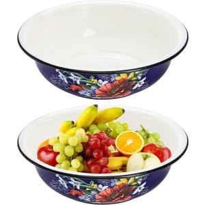 Lawei Set of 2 Enamel Bowl, 4 Quart Large Enamel Salad Serving Mixing Bowl with Black Rim, Vintage Enamelware Plate Dish for Fruit Salad Pasta Soup Dinner, Round Dough Making Bowl Washing Basin, 12in