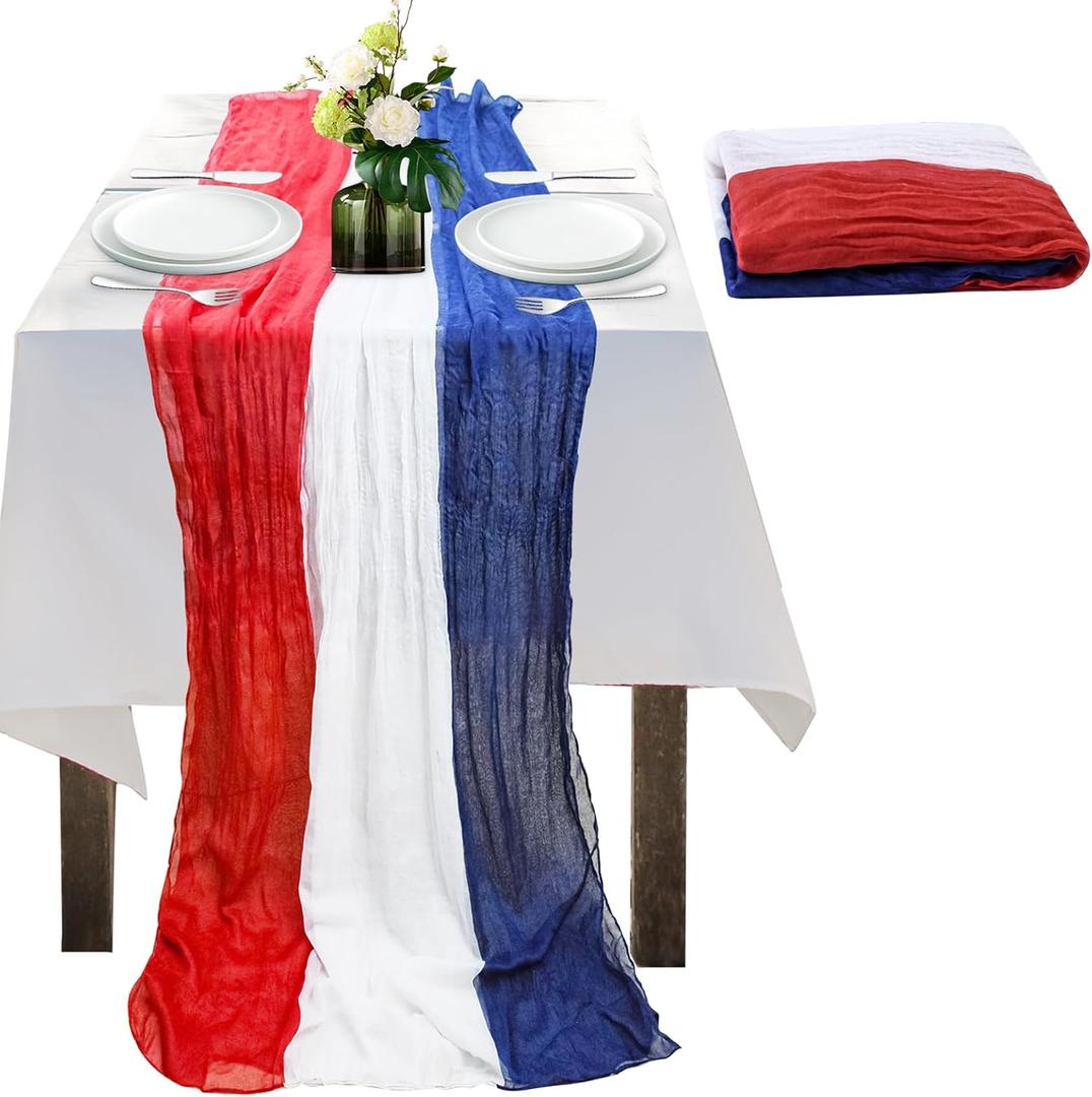 4th of July Cheesecloth Table Runner, Vintage Red White and Blue Table Runner for Memorial Day Labor Day Independence Day Veterans Day Patriotic Party Decoration for Dining Room Indoor Outdoor 118Inch (120X35Inch)