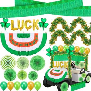 47 Pcs St. Patrick's Day Golf Cart Decorations Kit, St. Patrick Parade Car Decorations, Luck Shamrock Balloons Pleated Fan Flag Tinsel Garlands Foil Curtains Paper Fans for Irish Festival Party Decor