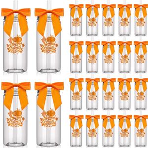 24 Pack Happy Friends Giving Plastic Cups with Lids and Straws 13.5 oz Reusable Thanksgiving Bow Water Bottles Fall Pumpkin Tumblers Bulk for Autumn Celebration Decorations Appreciation Gifts