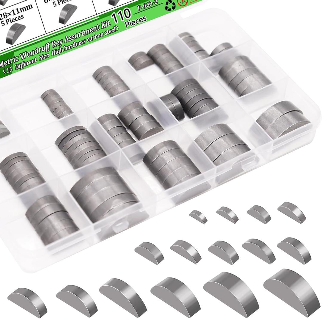 110PCS Metric Woodruff Key Assortment Kit, 15 Sizes Carbon Steel Woodruff-key Kit Woodruff Key-Crankshaft-Keyway Shaft Feather Key for Fastening Connection