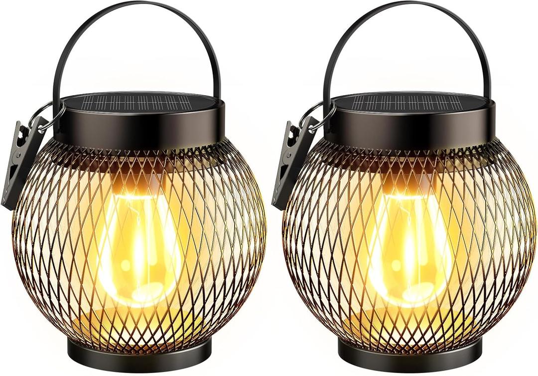 Solar Lanterns Outdoor Waterproof, Upgraded Bright Hanging Solar Lights for Outside, Lanterns Solar Powered Lighting with Clip for Patio Garden Yard Decorative 2 Pack