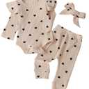 Fullfamous Baby Girl's 3pc Rib Frill Long Sleeve Romper and Pant Set (Ercu With Hearts) 3-6 Months