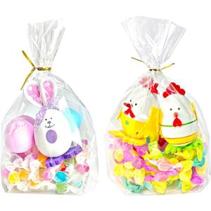 PigPotParty Cellophane Treat Bags 7x10 Inch, 100 Pack Clear Goodie Bags with Bottom Gusset for Stand-Up Display, Small Plastic Gift Wrap for Cookies, Candy, Party Favors, Popcorn, Includes 100 Ties