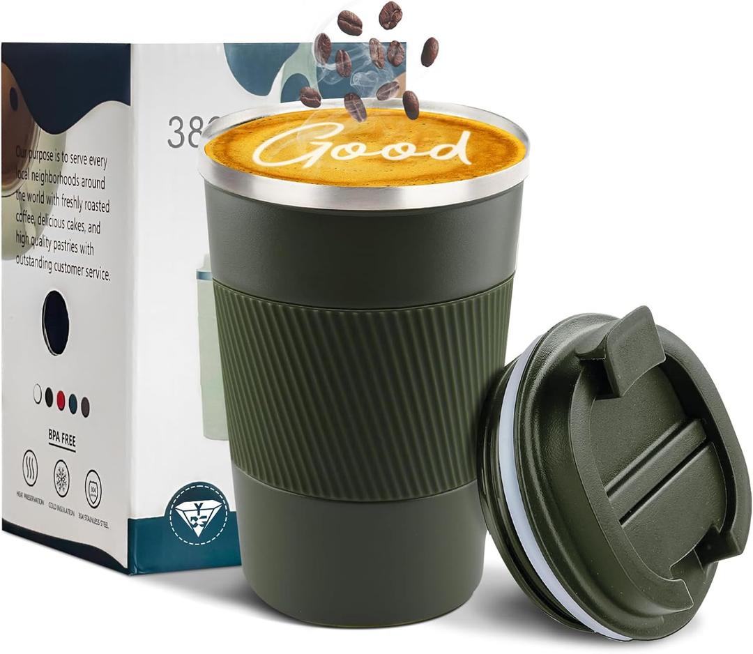 YINBAOGE Insulated Travel Coffee Mug, Spill & Leak Proof, Portable To Go Camping Stainless Steel Coffee Tumbler, Reusable Thermal Coffee Cup with Lid for Hot & Cold Drinks (Green, 12 OZ)