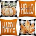 Artscope Fall Decorative Throw Pillow Covers 20x20 Inch Set of 4, Hello Happy Autumn Pumpkin Buffalo Plaid Maple Leaves Harvest Outdoor Farmhouse Pillow Cases for Home Sofa Couch-Orange B, Pack of 2